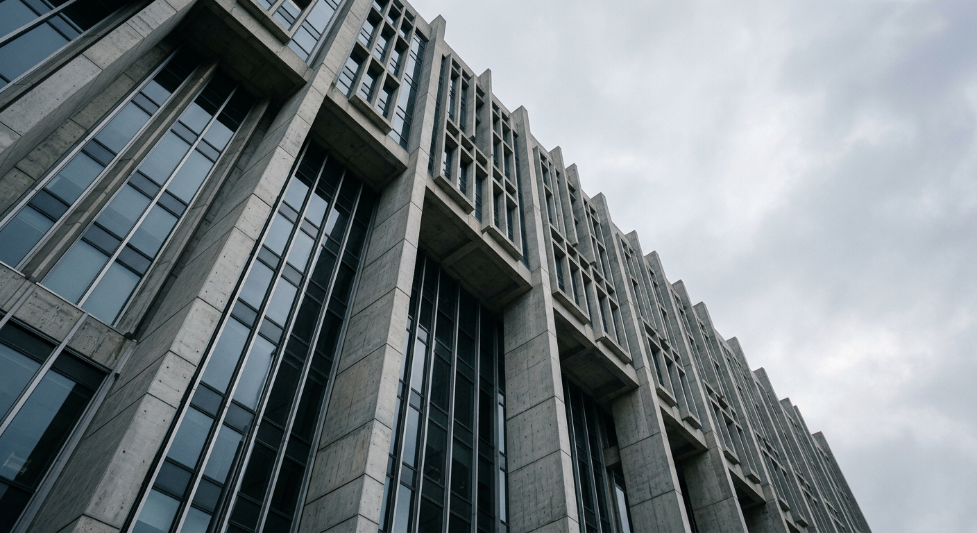 Monumental institutional building with a geometric concrete facade