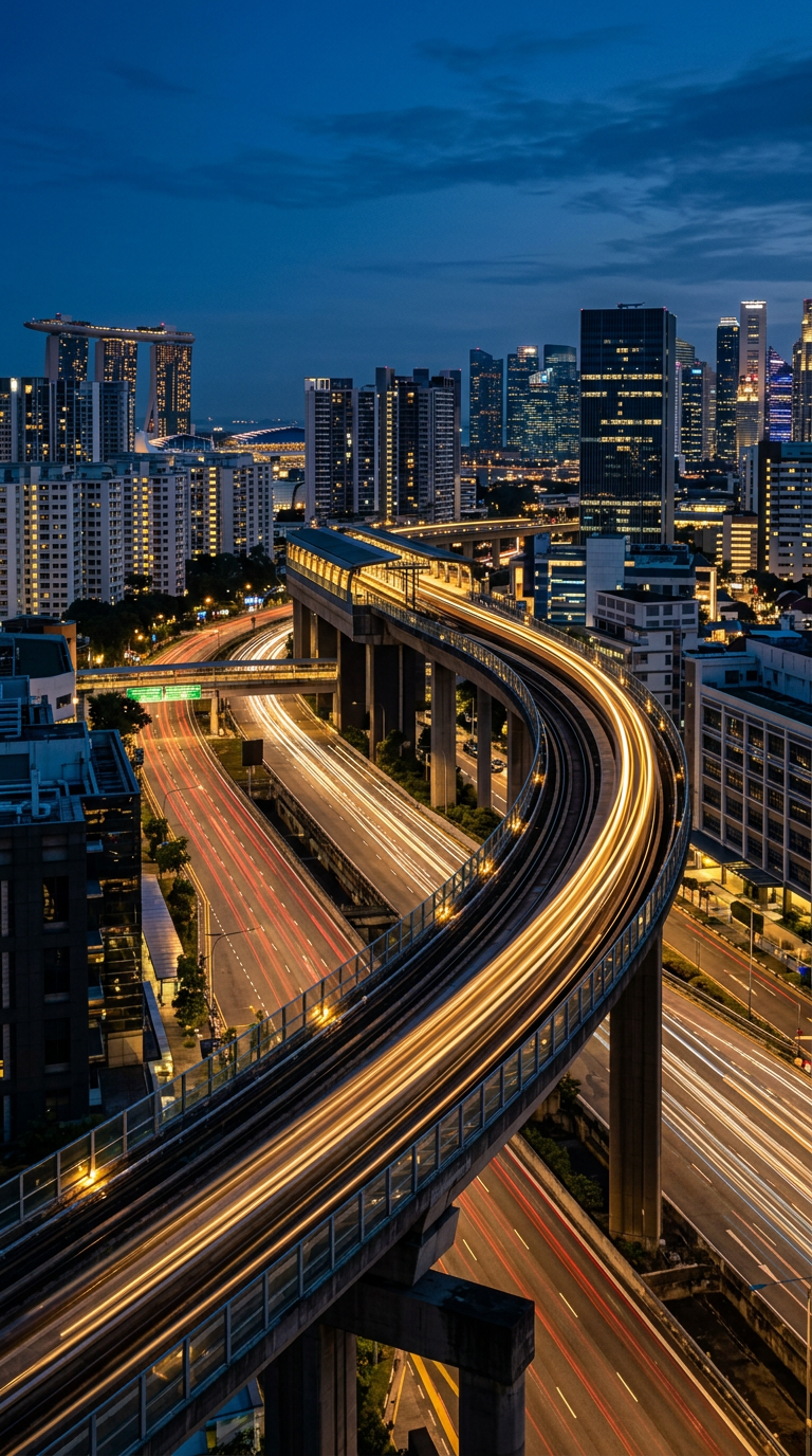Elevated metro rail viaduct curving through a city at dusk